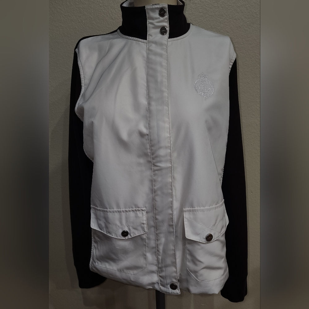 Lauren Ralph Lauren Full Zip Jacket Crest Logo White Brown Womens Sz. L